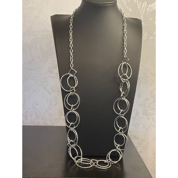 Long Silver Necklace With Textured Interlocking Rings & Lobster Claw Clasp - Picture 1 of 4
